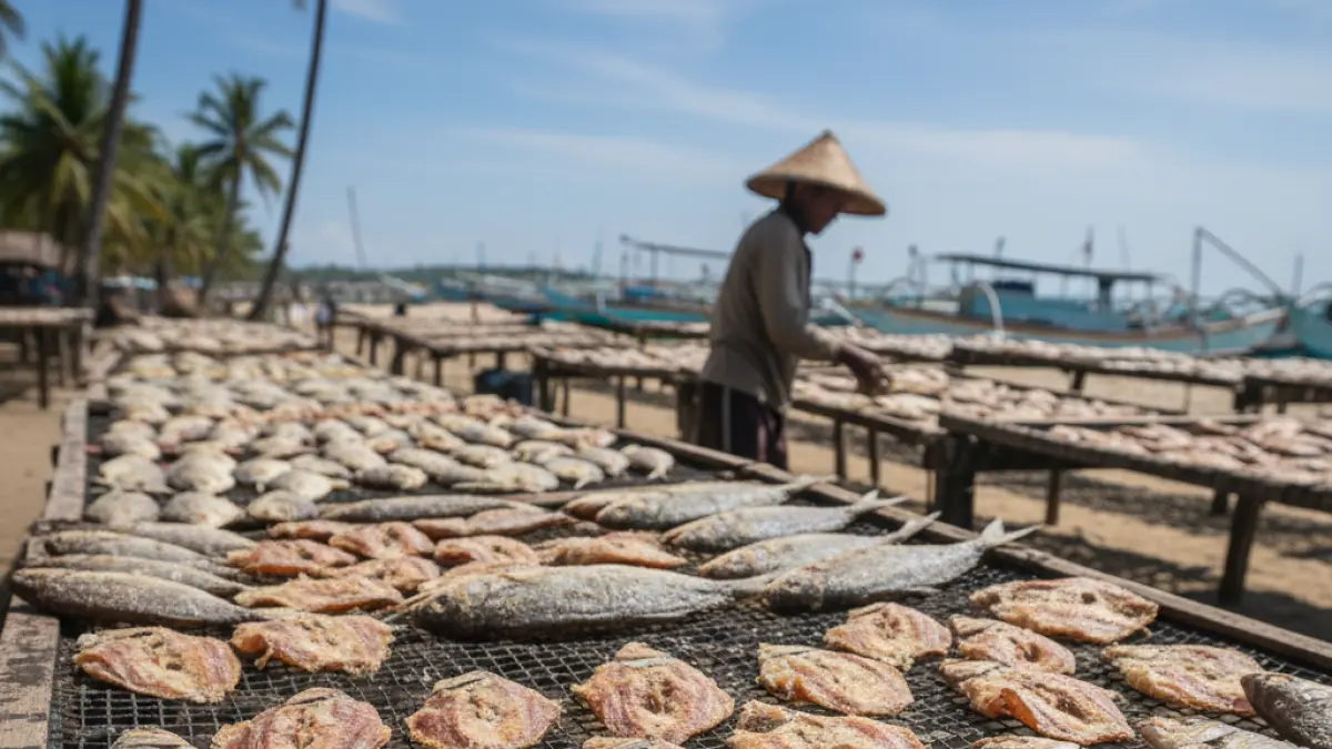 Proses pengeringan ikan asin secara tradisional di bawah sinar matahari, salah satu tahapan penting yang mempengaruhi harga dan ketersediaan komoditas perikanan ini.