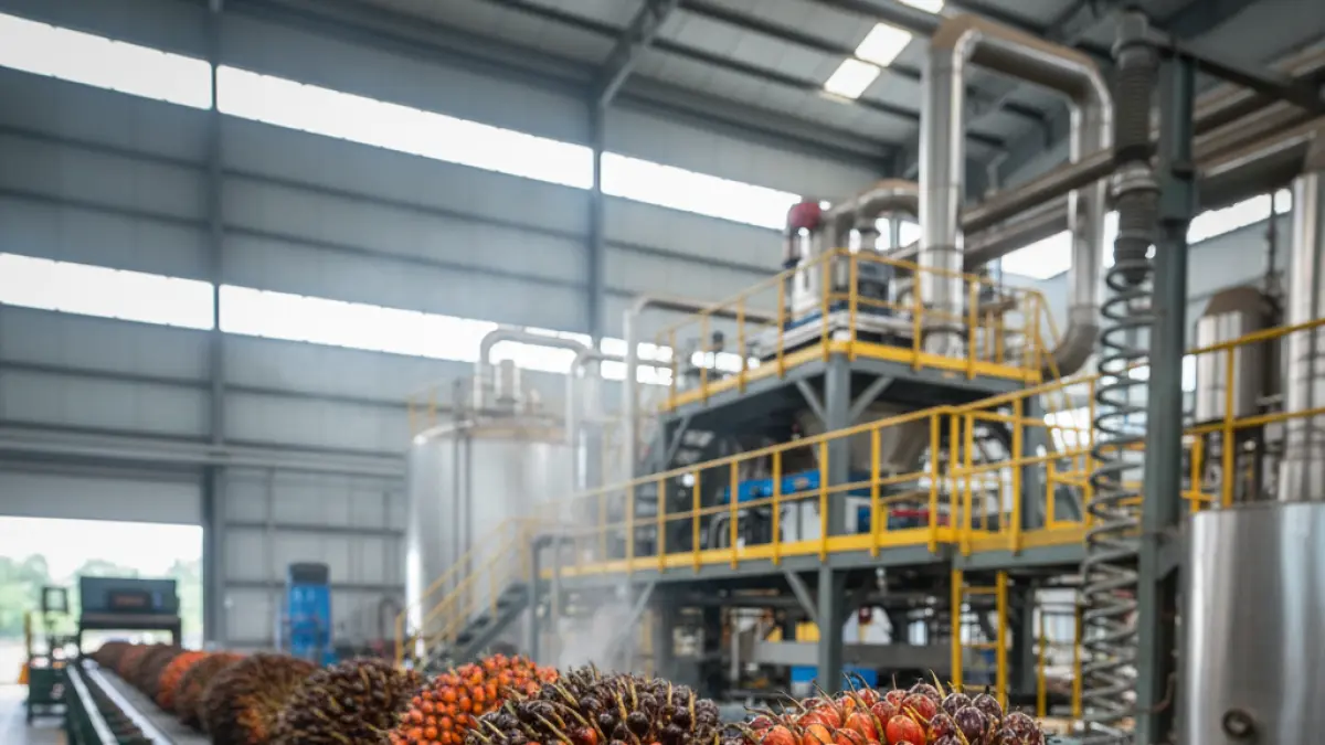 Tandan buah segar kelapa sawit di pabrik pengolahan, menunjukkan potensi komoditas ini sebagai bahan baku biodiesel untuk mengatasi krisis BBM.