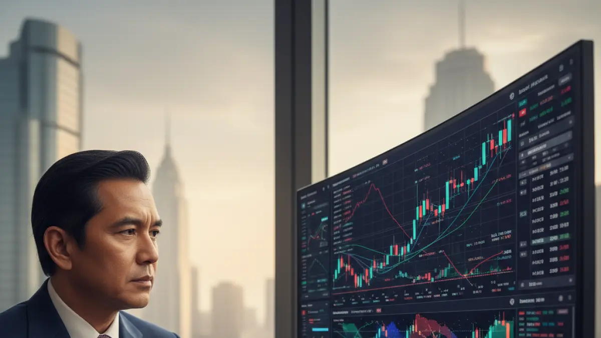 Ilustrasi seorang investor atau eksekutif yang memantau pergerakan saham di pasar modal, terkait divestasi saham untuk memenuhi aturan free float BEI.
