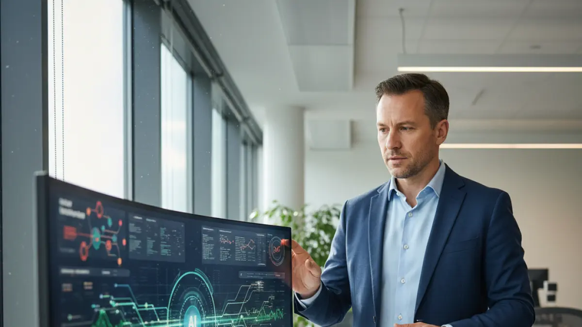 Seorang profesional mengamati data otomasi AI dan keamanan siber di kantor modern, menggambarkan pentingnya strategi adaptasi dan pengamanan dalam implementasi AI di perusahaan.