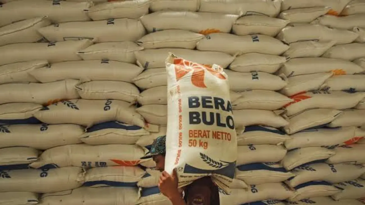 Buruh angkut beras di gudang Bulog
