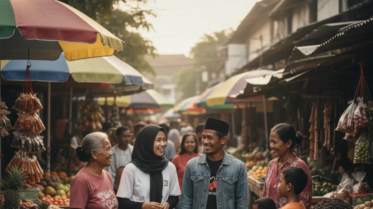 Warga dari berbagai latar belakang berinteraksi di ruang publik, mencerminkan kerukunan dan toleransi yang menjadi nilai utama dalam penilaian Indeks Kota Toleran.