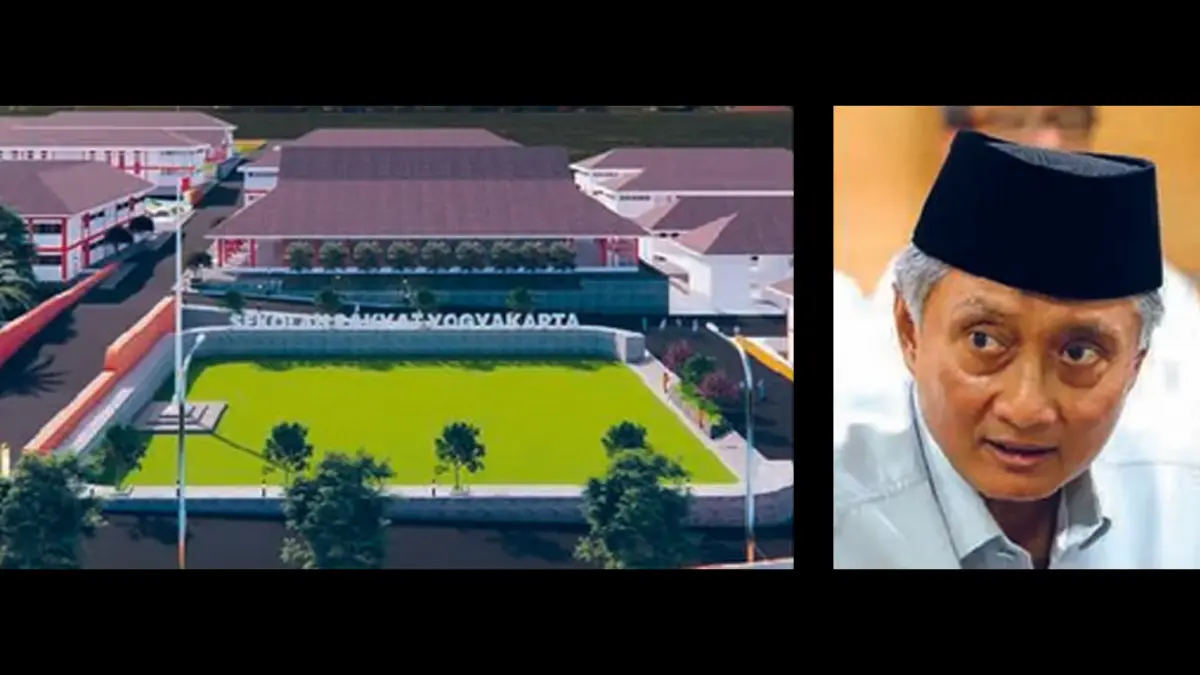 DIKEJAR WAKTU: Gambar desain Sekolah Rakyat di Kulon Progo. Foto kanan, Menteri PU Dody Hanggodo ingin sekolah rakyat dibangun dengan berkualitas.