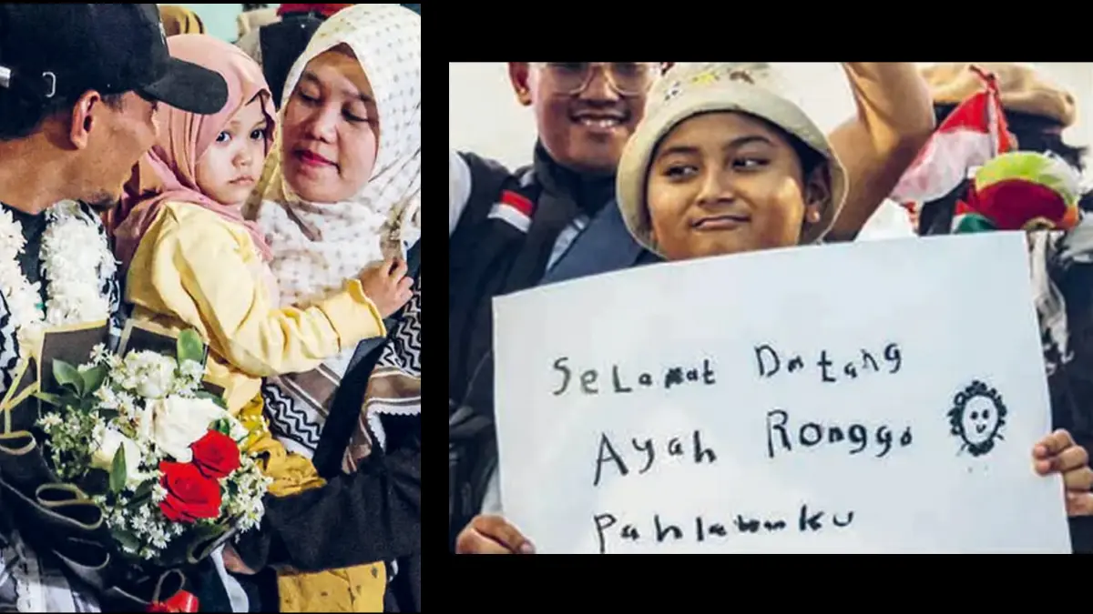 Relawan Global Sumud Flotilla (GSF) Asad Atas Muhammad (kiri) disambut keluarga di Bandara Soetta kemarin. (Foto Kiri)
Hanan, putra Ronggo Wirasanu, salah seorang WNI yang diculik Israel, membentangkan poster saat menyambut sang ayah di Bandara Soetta, Tangerang, kemarin (24/5). (Foto Kanan)
