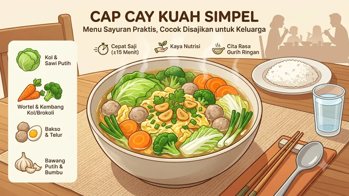 Ilustrasi bahan-bahan utama untuk membuat Cap Cay Kuah Simpel, terdiri dari aneka sayuran segar, bakso, telur, dan bumbu dapur. Gambar ini hanya sebagai ilustrasi dan tidak merepresentasikan resep secara persis.