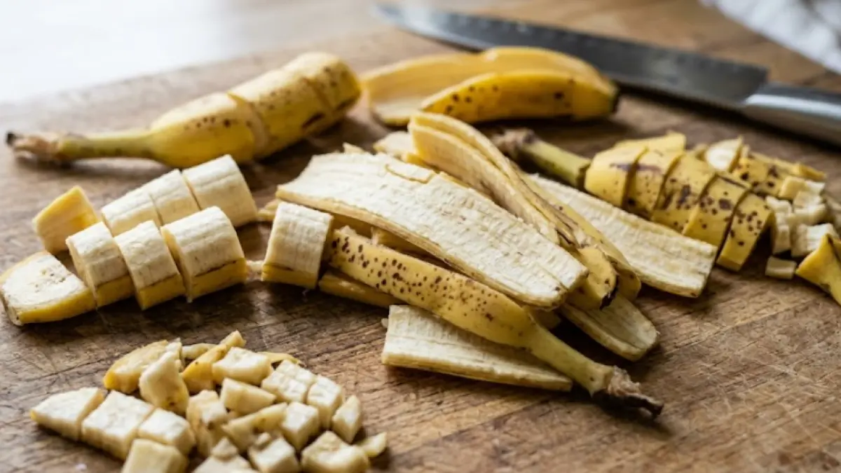 Ilustrasi potongan buah pisang dan kulit pisang yang telah dikupas dan dipotong kecil-kecil di atas papan kayu, menunjukkan pemanfaatan bagian buah serta limbah kulitnya untuk keperluan olahan atau bahan organik.