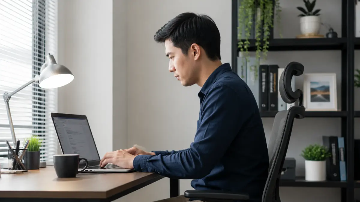 Ilustrasi seorang pria sedang bekerja di depan laptop sambil duduk di kursi kerja dalam ruangan yang rapi, dengan meja, lampu belajar, dan suasana yang tenang serta fokus.