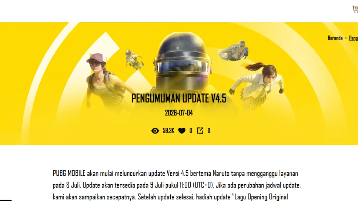 Tangkapan layar halaman pengumuman resmi PUBG Mobile untuk update versi 4.5 yang menghadirkan kolaborasi Naruto Shippuden. (Dok. PUBG Mobile)