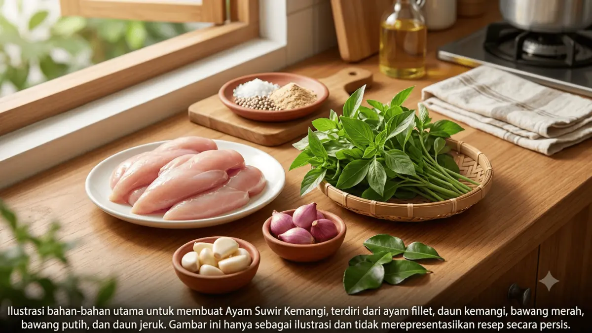 Ilustrasi bahan-bahan utama untuk membuat Ayam Suwir Kemangi, terdiri dari ayam fillet, daun kemangi, bawang merah, bawang putih, dan daun jeruk. Gambar ini hanya sebagai ilustrasi dan tidak merepresentasikan resep secara persis.