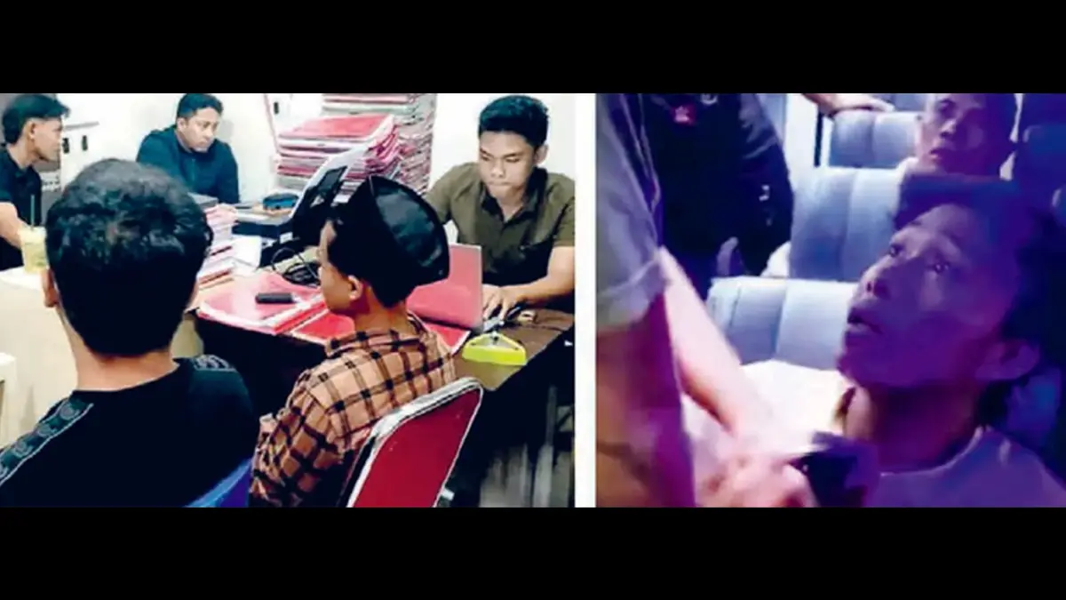 PERBUATAN AMORAL: Sejumlah tersangka rudapaksa diperiksa di Mapolres Sampang. Foto kanan, anggota Satreskrim Polres Sampang menangkap salah satu tersangka di dalam bus di Jalan Raya Tangkel, Bangkalan (30/6). Setelah menangkap 12 orang, Polres Sampang masih memburu 15 orang lainnya. (POLRES SAMPANG UNTUK RADAR MADURA GRUP JAWA POS)