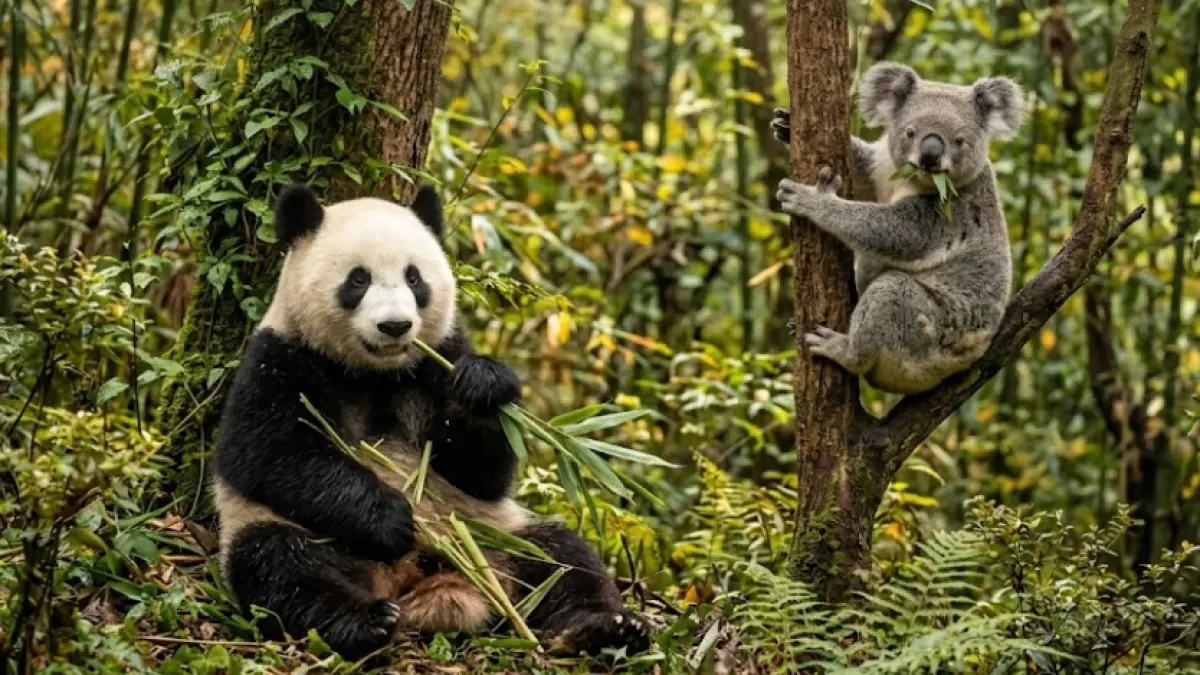 Ilustrasi sosok panda dan koala yang berada di habitat alaminya sebagai bentuk representasi satwa dengan tingkat kecerdasan yang unik menurut perspektif biologis.