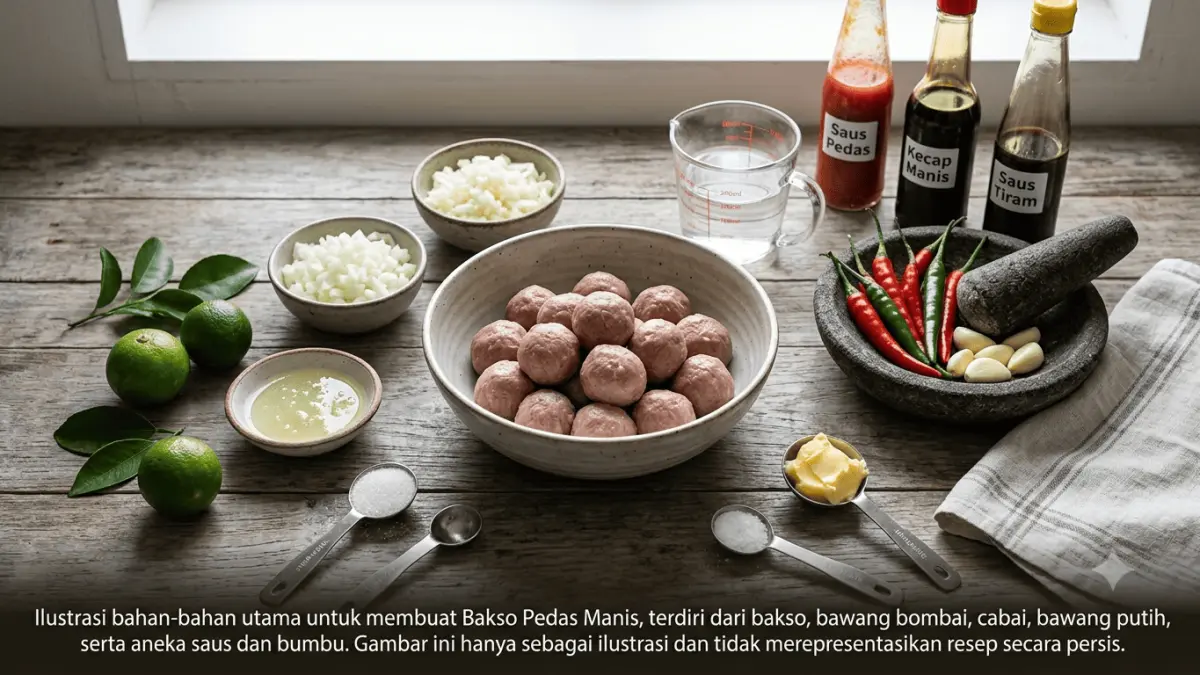 lustrasi bahan-bahan utama untuk membuat Bakso Pedas Manis, terdiri dari bakso, bawang bombai, cabai, bawang putih, serta aneka saus dan bumbu. Gambar ini hanya sebagai ilustrasi dan tidak merepresentasikan resep secara persis.