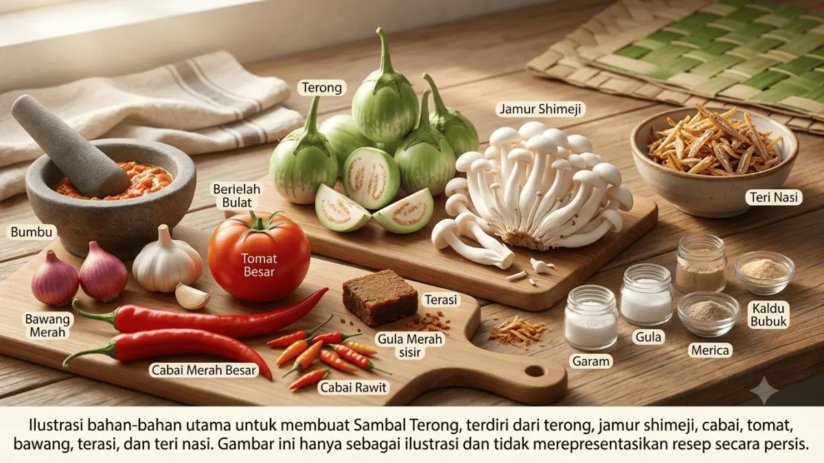 Ilustrasi bahan-bahan utama untuk membuat Sambal Terong, terdiri dari terong, jamur shimeji, cabai, tomat, bawang, terasi, dan teri nasi. Gambar ini hanya sebagai ilustrasi dan tidak merepresentasikan resep secara persis.