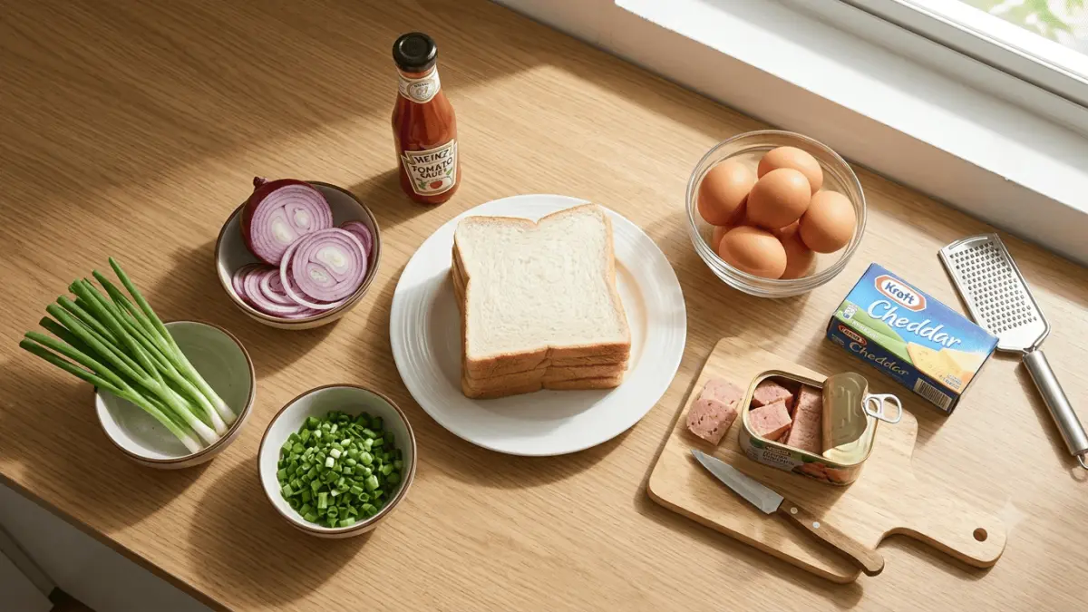 Ilustrasi bahan-bahan utama untuk membuat Roti John Roti Tawar, terdiri dari roti tawar, telur, chicken luncheon, bawang bombai, daun bawang, keju, dan saus tomat. Gambar ini hanya sebagai ilustrasi dan tidak merepresentasikan resep secara persis.