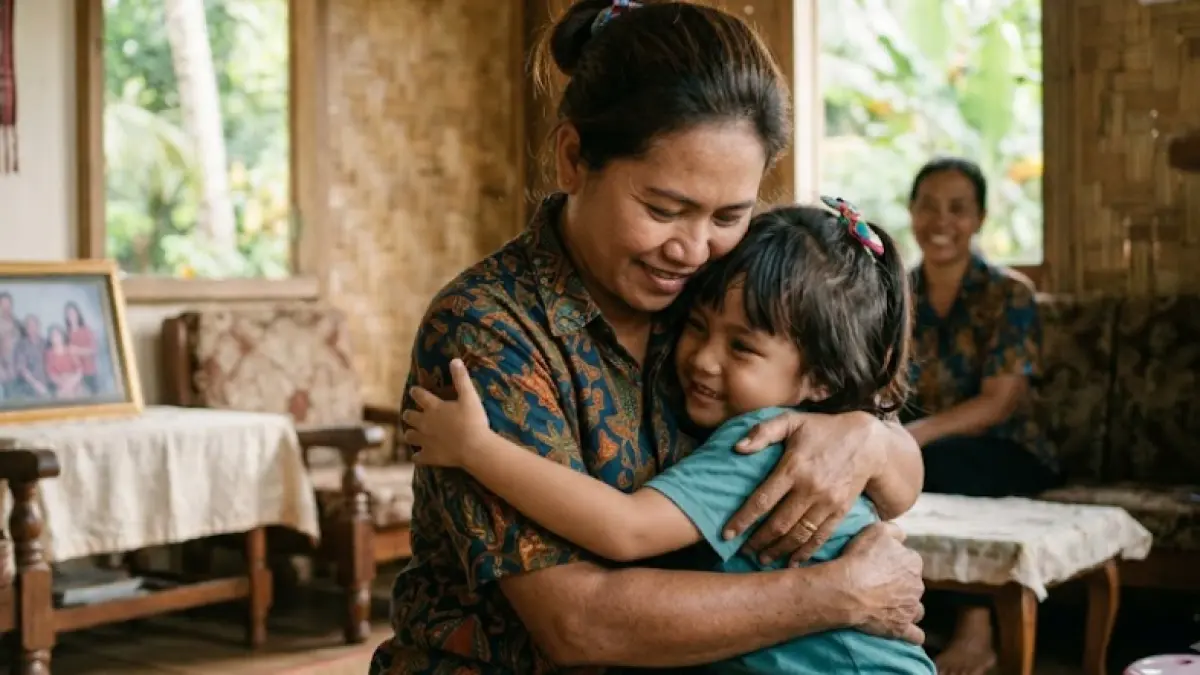 Ilustrasi seorang ibu yang sedang memeluk anak perempuannya yang masih kecil di dalam sebuah rumah bernuansa tradisional.