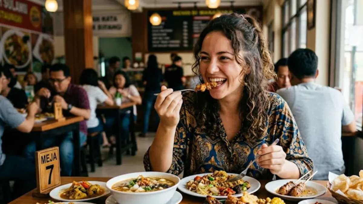 Ilustrasi seorang wanita yang sedang menikmati berbagai macam hidangan makanan dalam porsi yang cukup banyak di sebuah restoran.