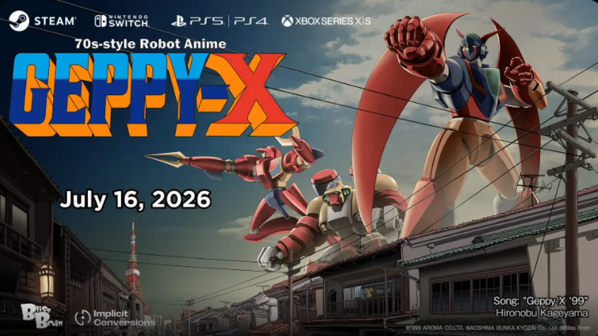 Key art resmi Geppy-X Hi-Res Remastered Edition, game shooter bergaya anime robot era 70-an yang resmi rilis mendunia hari ini, 16 Juli 2026. (Dok. Bliss Brain)