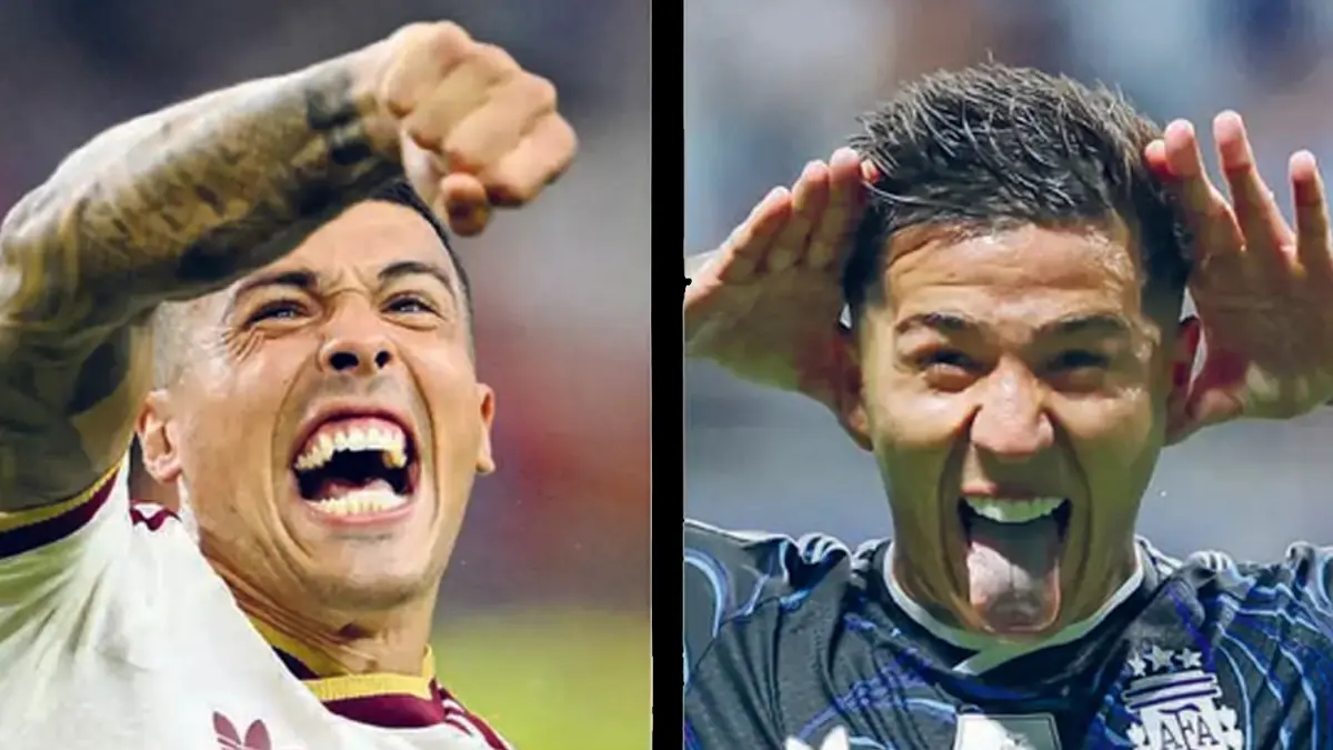 LOLOS KE FINAL: Selebrasi bek Spanyol Pedro Porro setelah membobol gawang Prancis (Kredit foto: MAURO PIMENTEL/AFP) dan reaksi gelandang Argentina Enzo Fernandez (foto kanan) dalam semifinal melawan Inggris di Piala Dunia 2026 (Foto: THOMAS COEX/AFP).