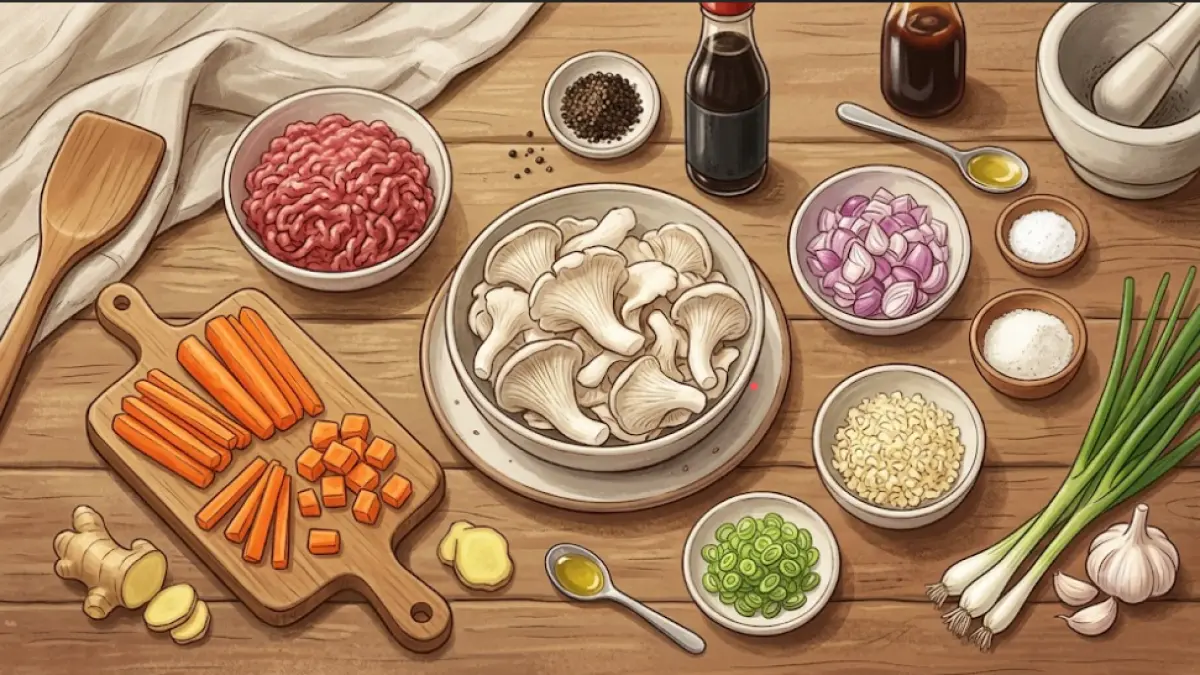 Ilustrasi bahan-bahan utama untuk membuat Tumis Jamur Tiram Saus Lada Hitam, terdiri dari jamur tiram, daging sapi cincang, wortel, bawang bombai, bawang putih, daun bawang, dan aneka bumbu. Gambar ini hanya sebagai ilustrasi dan tidak merepresentasikan resep secara persis.