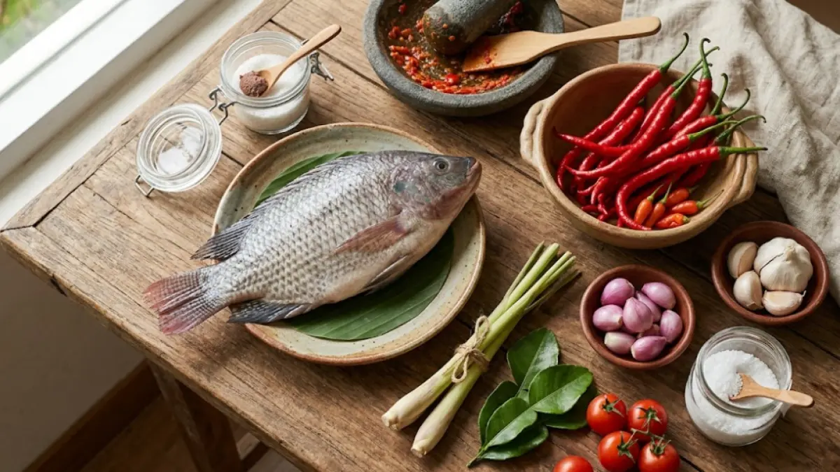 Ilustrasi bahan-bahan utama untuk membuat Balado Ikan Nila, terdiri dari ikan nila, cabai merah, bawang merah, bawang putih, serai, daun jeruk, dan bumbu dapur. Gambar ini hanya sebagai ilustrasi dan tidak merepresentasikan resep secara persis.