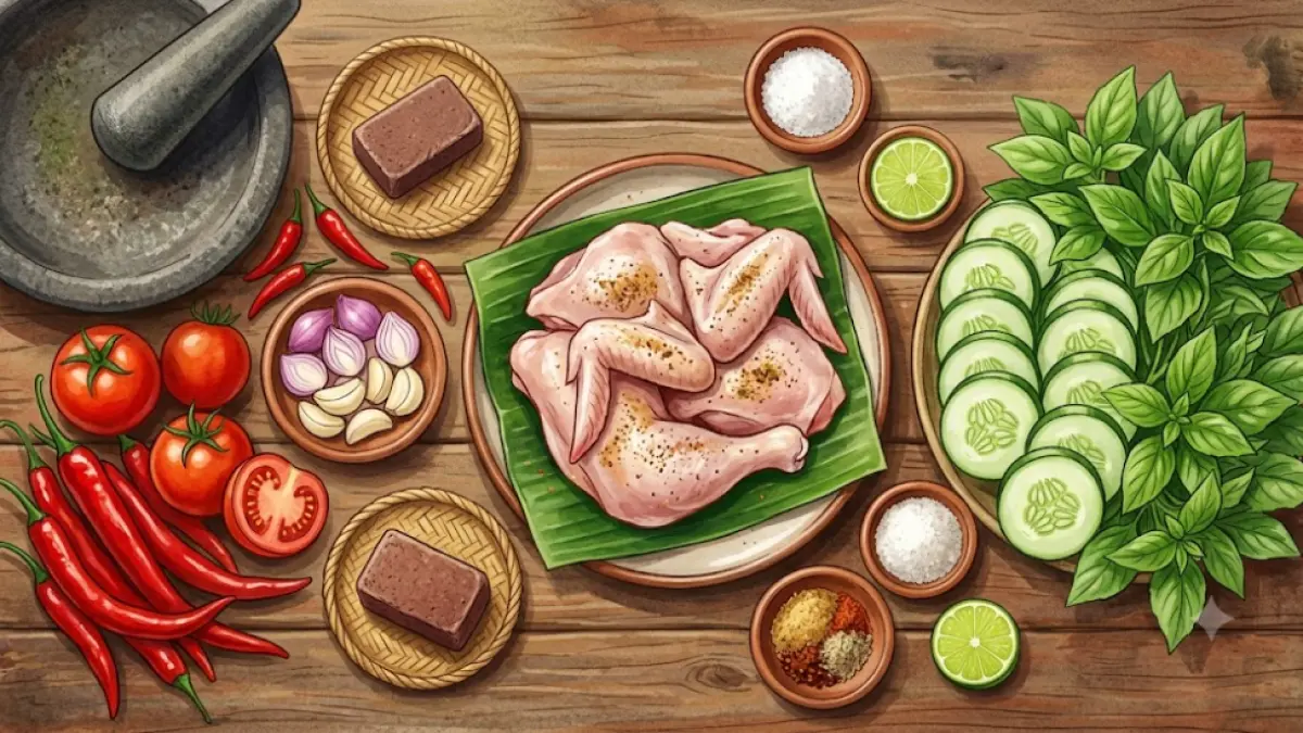 Ilustrasi bahan-bahan utama untuk membuat Ayam Penyet Sambal Terasi, terdiri dari ayam, cabai, tomat, bawang merah, bawang putih, terasi, daun kemangi, mentimun, dan aneka bumbu. Gambar ini hanya sebagai ilustrasi dan tidak merepresentasikan resep secara persis.