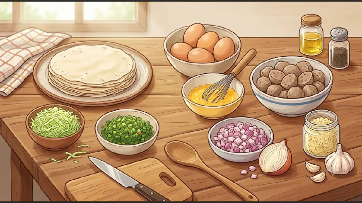Ilustrasi bahan-bahan utama untuk membuat Martabak Telur Mini Bakso Sayur, terdiri dari kulit lumpia, telur, bakso, kol, daun bawang, bawang bombai, dan bawang putih. Gambar ini hanya sebagai ilustrasi dan tidak merepresentasikan resep secara persis.