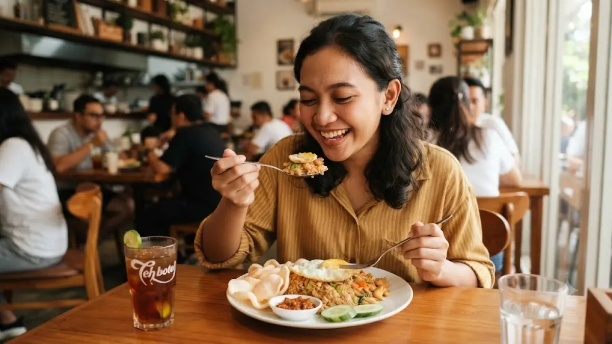 Ilustrasi seorang wanita yang sedang menikmati makan siang di sebuah restoran.
