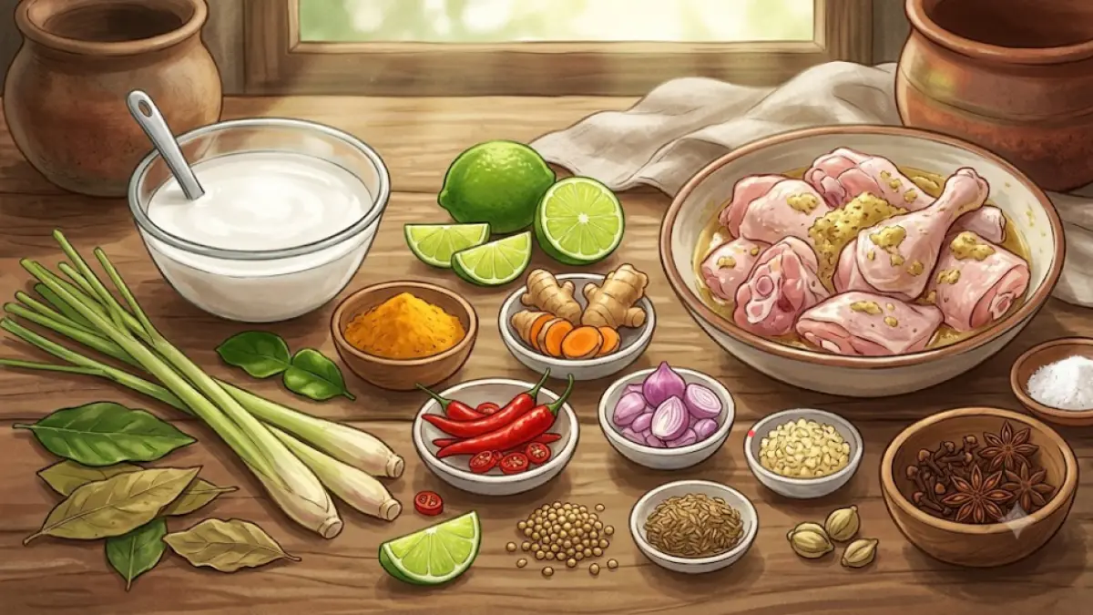 Ilustrasi bahan-bahan utama untuk membuat Gulai Ayam, terdiri dari potongan ayam, santan, serai, daun salam, daun jeruk, jeruk nipis, dan bumbu dapur. Gambar ini hanya sebagai ilustrasi dan tidak merepresentasikan resep secara persis.