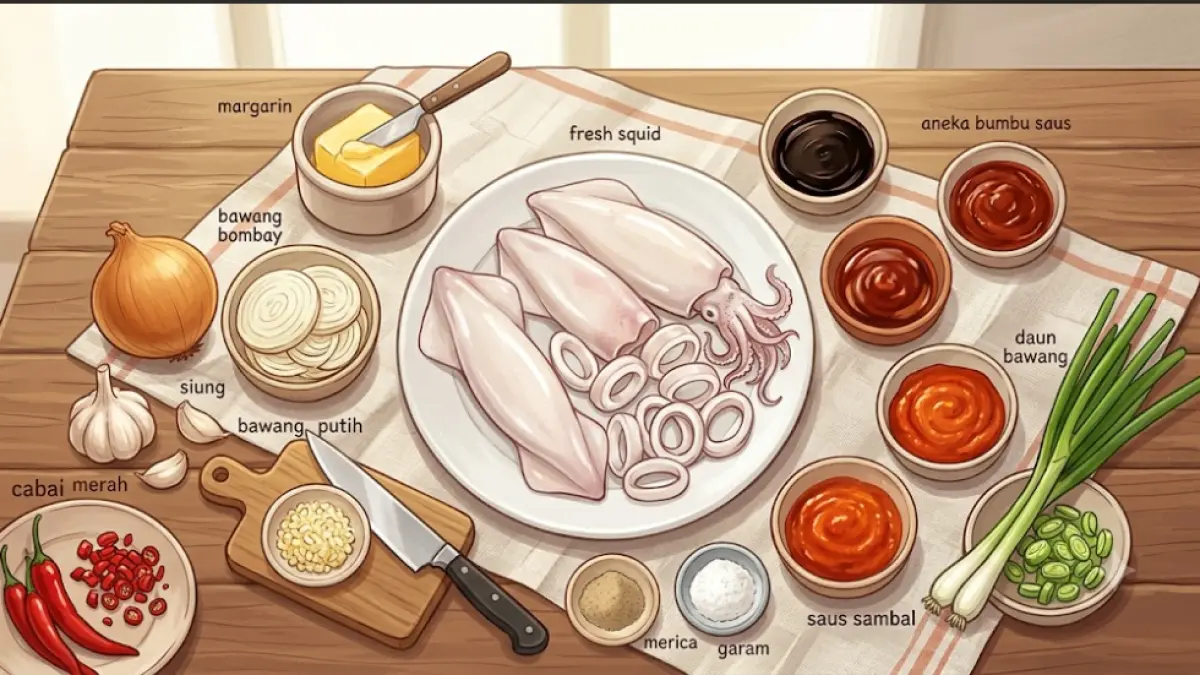 Ilustrasi bahan-bahan utama untuk membuat Cumi Saus Mentega, terdiri dari cumi segar, margarin, bawang bombay, bawang putih, cabai merah, daun bawang, dan aneka bumbu saus. Gambar ini hanya sebagai ilustrasi dan tidak merepresentasikan resep secara persis.