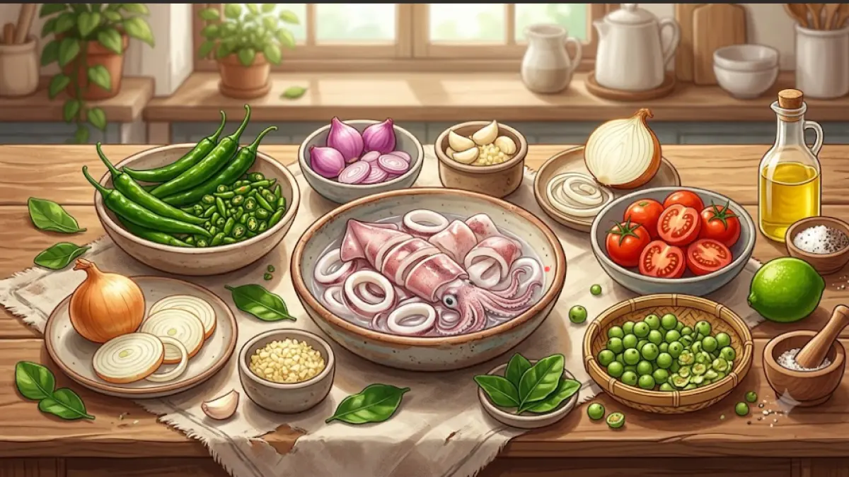 Ilustrasi bahan-bahan utama untuk membuat Cumi Sambal Hijau, terdiri dari cumi segar, cabai hijau, bawang merah, bawang putih, bawang bombay, tomat, daun jeruk, dan pokak. Gambar ini hanya sebagai ilustrasi dan tidak merepresentasikan resep secara persis.
