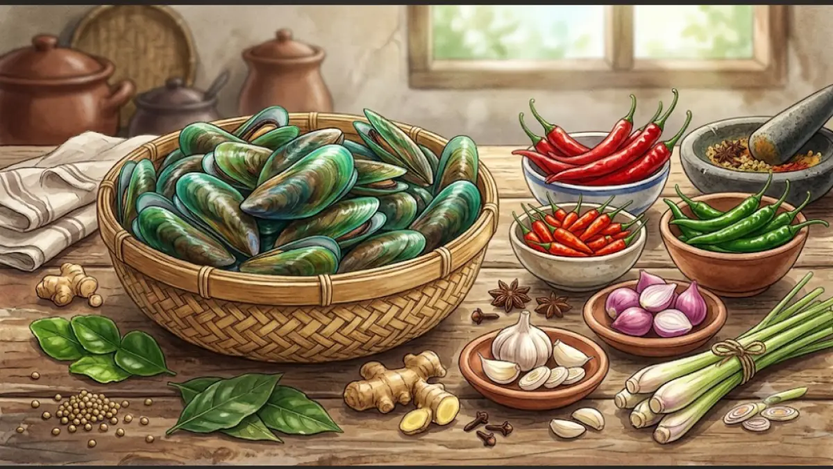 Ilustrasi bahan-bahan utama untuk membuat Kerang Ijo Pedas, terdiri dari daging kerang hijau, cabai merah, cabai hijau, bawang merah, bawang putih, serai, daun salam, daun jeruk, dan rempah pilihan. Gambar ini hanya sebagai ilustrasi dan tidak merepresentasikan resep secara persis.