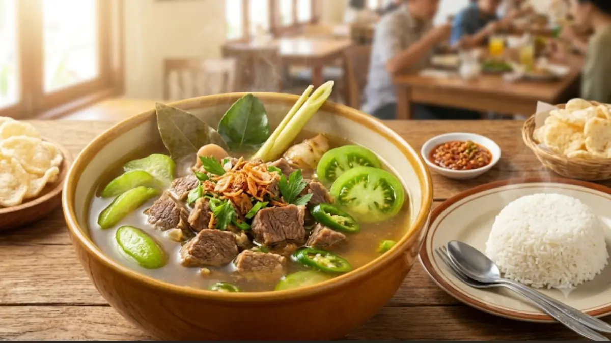 Ilustrasi bahan-bahan utama untuk membuat Asem-Asem Daging, terdiri dari daging sapi, buncis, belimbing wuluh, tomat hijau, cabai, bawang, dan rempah-rempah. Gambar ini hanya sebagai ilustrasi dan tidak merepresentasikan resep secara persis.