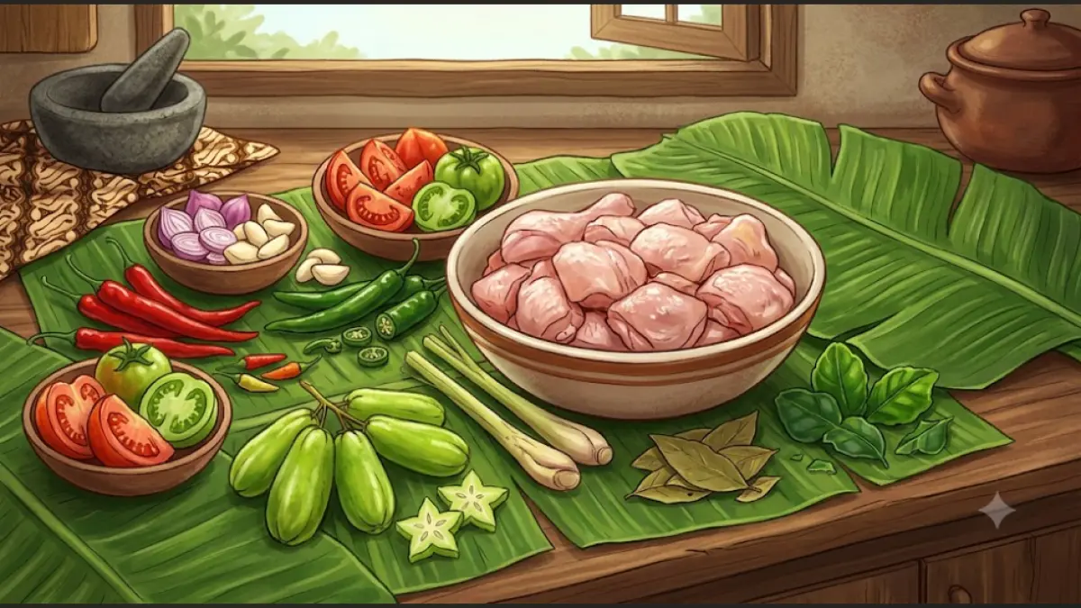 Ilustrasi bahan-bahan untuk membuat Garang Asem Ayam, terdiri dari ayam, bawang merah, bawang putih, cabai, tomat, belimbing wuluh, serai, daun salam, daun jeruk, dan daun pisang. Gambar ini hanya sebagai ilustrasi.