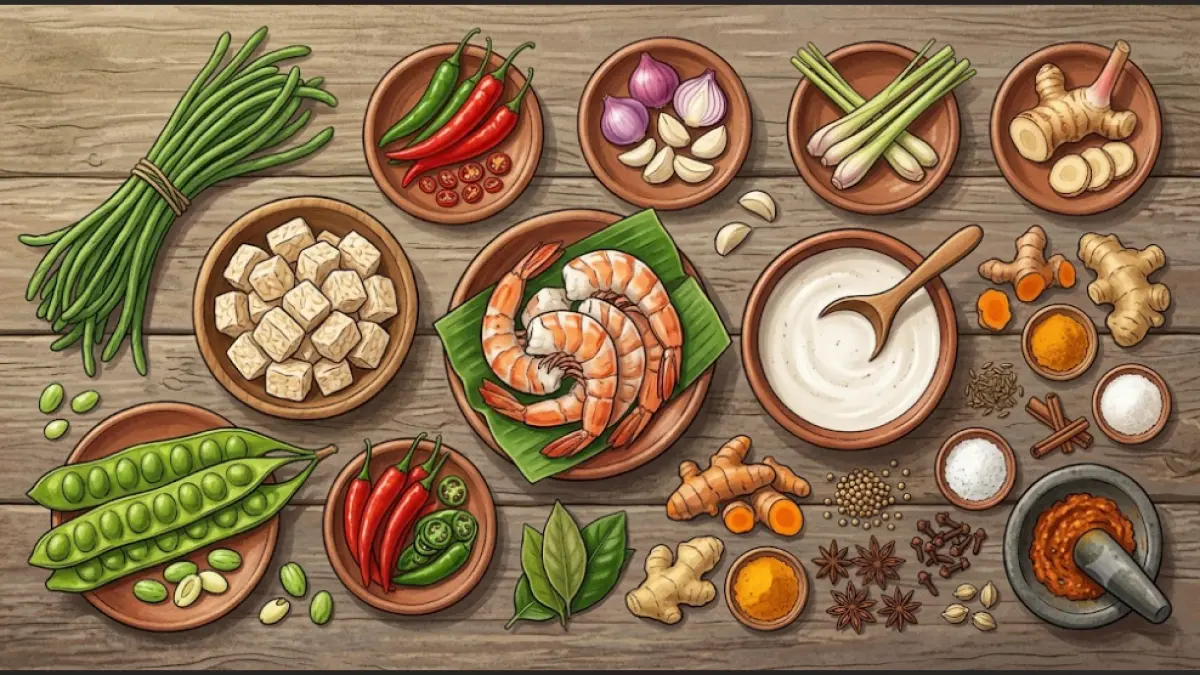 Ilustrasi bahan-bahan untuk membuat Gulai Udang, terdiri dari udang, santan, kacang panjang, tempe, petai, cabai, bawang merah, bawang putih, serai, lengkuas, dan aneka rempah. Gambar ini hanya sebagai ilustrasi.