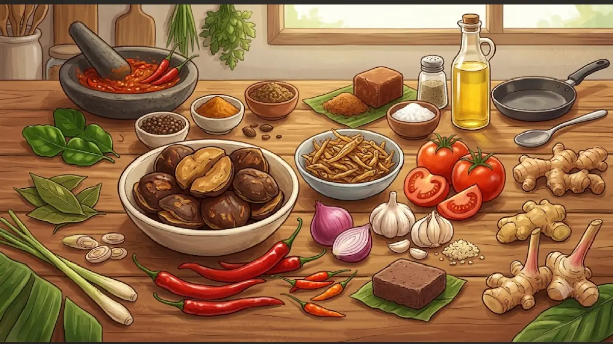 Ilustrasi bahan-bahan untuk membuat Jengkol Sambal Teri, terdiri dari jengkol, ikan teri, cabai merah, cabai rawit, bawang merah, bawang putih, tomat, terasi, dan aneka bumbu dapur. Gambar ini hanya sebagai ilustrasi.