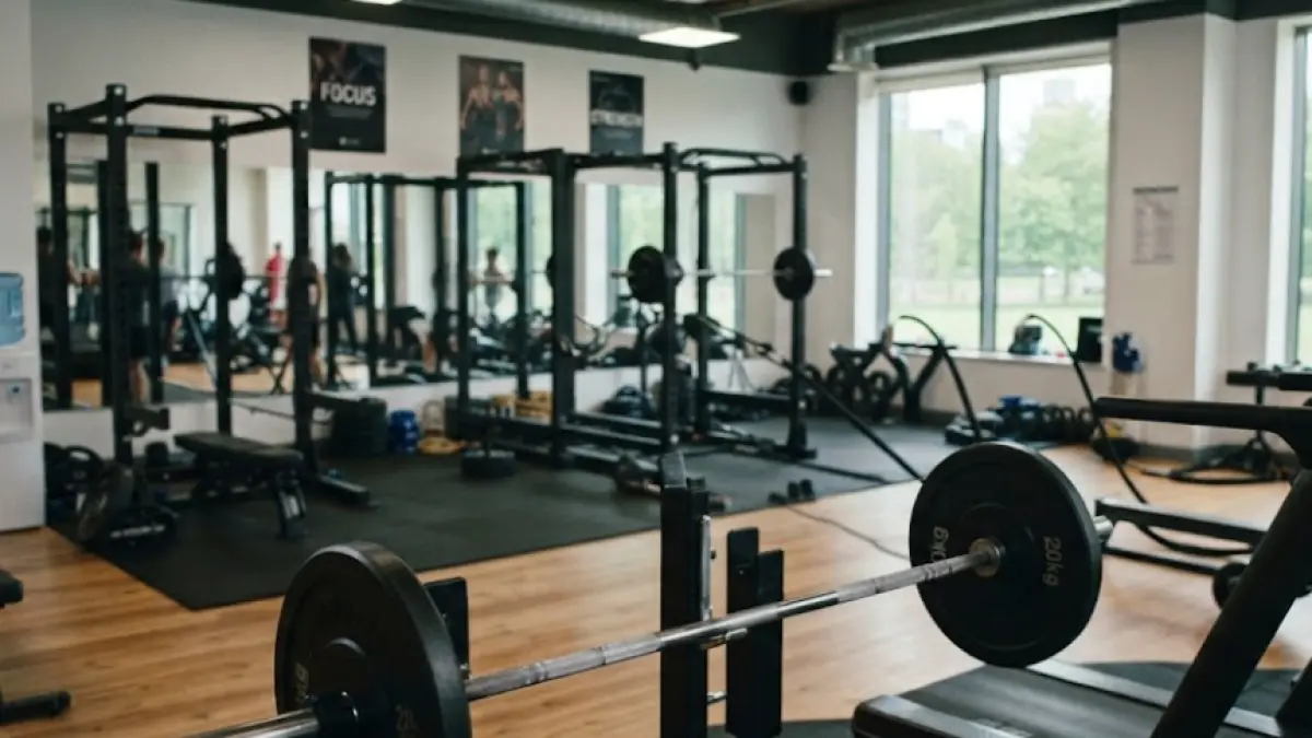 Ilustrasi suasana interior pusat kebugaran atau gym yang dilengkapi dengan berbagai peralatan olahraga modern seperti barbel, rak angkat beban, dan mesin treadmill