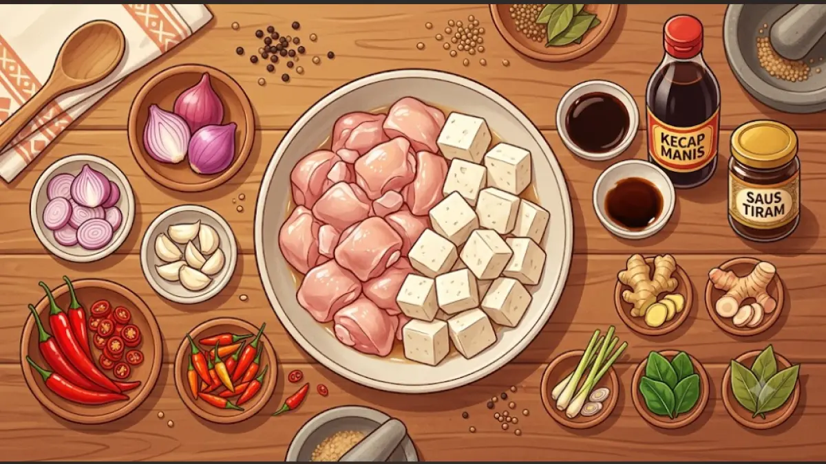 Ilustrasi bahan-bahan Ayam Tahu Bumbu Rempah Kecap Pedas, terdiri dari ayam, tahu, bawang merah, bawang putih, cabai, kecap, saus tiram, dan rempah pilihan. Gambar ini hanya sebagai ilustrasi.