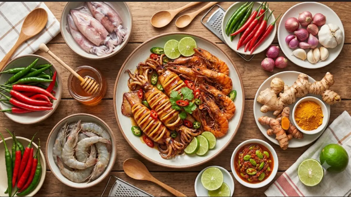 Ilustrasi bahan-bahan Cumi dan Udang Bakar Madu, terdiri dari cumi, udang, madu, cabai, bawang merah, bawang putih, jahe, kunyit, lengkuas, jeruk nipis, serta sambal petai. Gambar ini hanya sebagai ilustrasi.