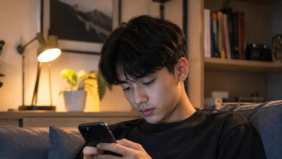 Ilustrasi seorang pria yang sedang bermain handphone.