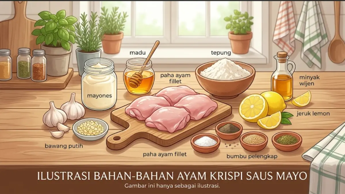 Ilustrasi bahan-bahan Ayam Krispi Saus Mayo, terdiri dari paha ayam fillet, tepung, mayones, madu, bawang putih, jeruk lemon, minyak wijen, dan bumbu pelengkap. Gambar ini hanya sebagai ilustrasi.