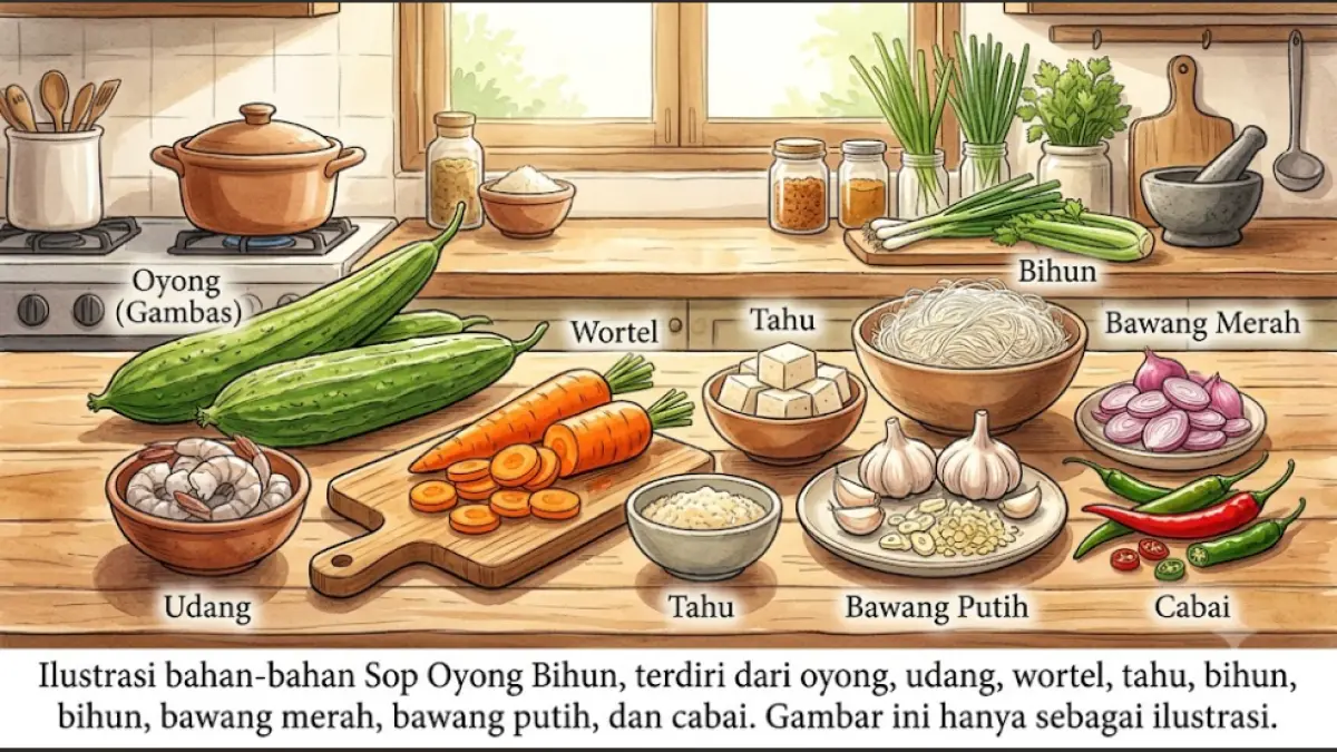 Ilustrasi bahan-bahan Sop Oyong Bihun, terdiri dari oyong, udang, wortel, tahu, bihun, bawang merah, bawang putih, dan cabai. Gambar ini hanya sebagai ilustrasi.