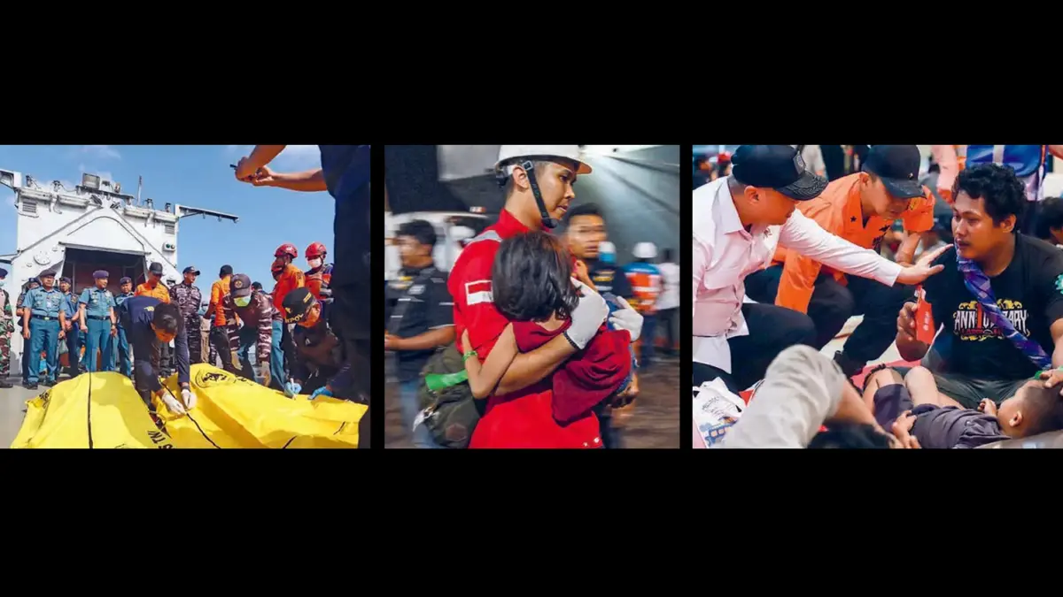 TRAGEDI LAUT: Petugas gabungan dari TNI AL, Basarnas, dan tim medis melakukan penanganan terhadap dua jenazah yang turut dievakuasi di atas geladak KRI Nala di Surabaya kemarin (3/8) pagi. Foto tengah, petugas membopong seorang anak yang selamat dari KMP Mutiara Sentosa 2 yang terbakar. Foto kanan, Menhub Dudy Purwagandhi (kiri) berbincang dengan korban selamat yang dievakuasi di Gapura Surya Nusantara, Pelabuhan Tanjung Perak, Surabaya.  (Foto: Puguh Sujatmiko/Jawa Pos, Juni Kriswanto/AFP, Alfian Rizal/Jawa Pos)