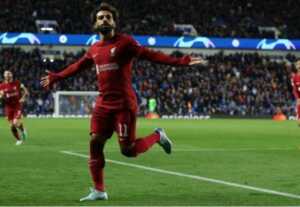 Mohamed Salah melakukan selebrasi setelah mencetak gol keenam Liverpool dalam pertandingan Liga Champions lawan Rangers pada 13 Oktober. (Lee Smith/Reuters/Antara)