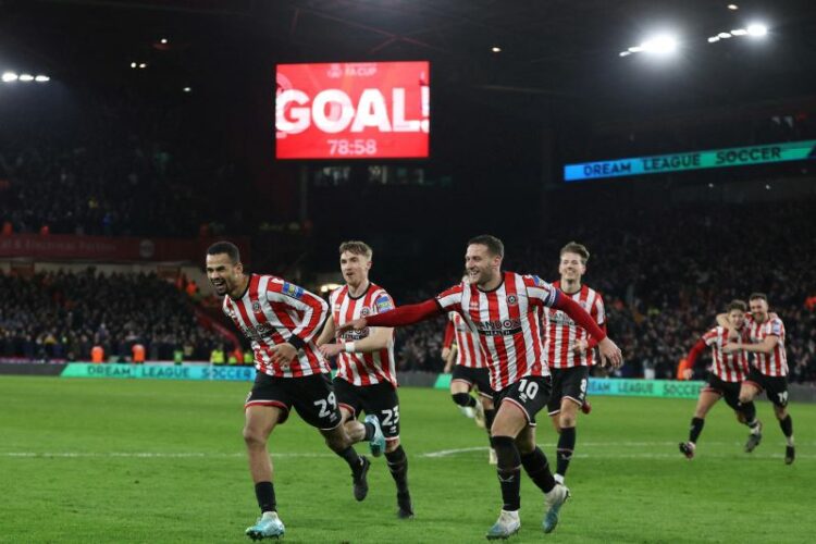 Pemain Sheffield United merayakan gol kemenangan mereka atas Tottenham Hotspur (ANTARA)