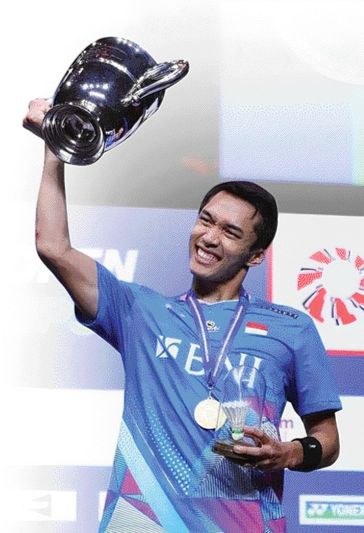PUNCAK: Jonatan Christie merayakan kemenangan di All England, kemarin.(PBSI)