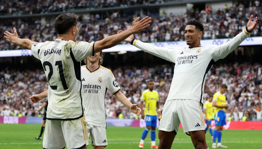 Gol Brahim, Bellingham dan Joselu memastikan kemenangan Real Madrid atas Cardiz sekaligus mengunci gelar La Liga ke-36 setelah Barcelona  kalah lawan Girona. (Foto: Real Madrid)