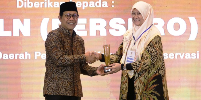 Penghargaan CSR dan Pengembangan Desa Berkelanjutan Awards 2024 oleh Mendes PDTT Halim Iskandar kepada GM PLN UID Jabar, Susiana Mutia.