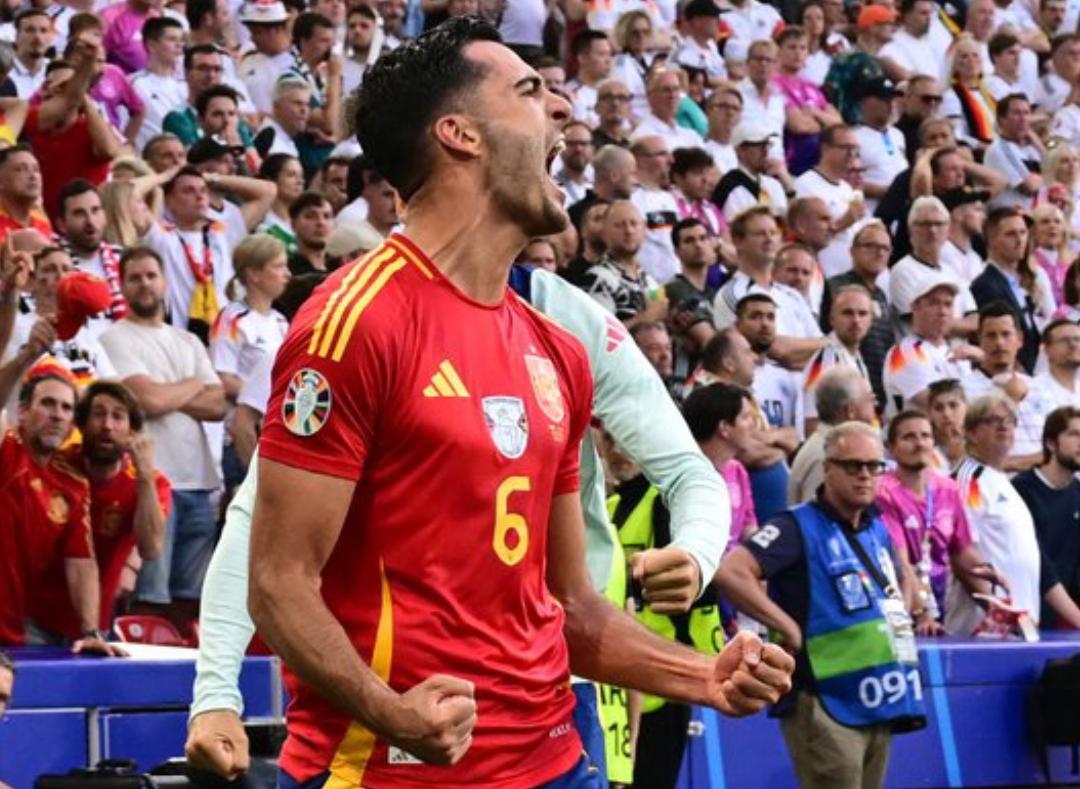 Pemain pengganti Spanyol Mikel Merino mencetak gol kemenangan di menit-menit akhir pertandingan perempat final Euro 2024 melawan Jerman, Sabtu dinihari WIB (6/7/2024).(Foto: X EURO2024)