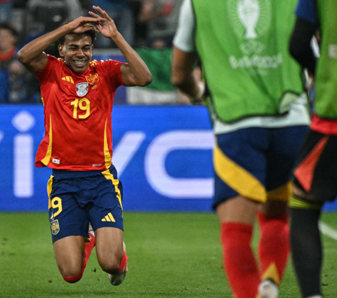 Selebrasi Lamine Yamal usai mencetak gol ke gawang Prancis di semifinal Euro 2024 Jerman, Rabu dinihari WIB (10/7/2024).(Foto: X @EURO2024)