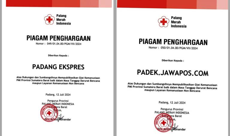 Piagam Penghargaan yang diterima Padang Ekspres dan Padek.Jawapos.Com dari PMI Provinsi Sumatera Barat.